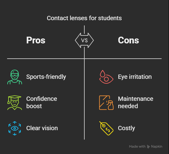 A comparison chart showing the pros and cons of contact lenses for students.
Pros: "Sports-friendly," "Confidence boost," and "Clear vision."
Cons: "Eye irritation," "Maintenance needed," and "Costly."