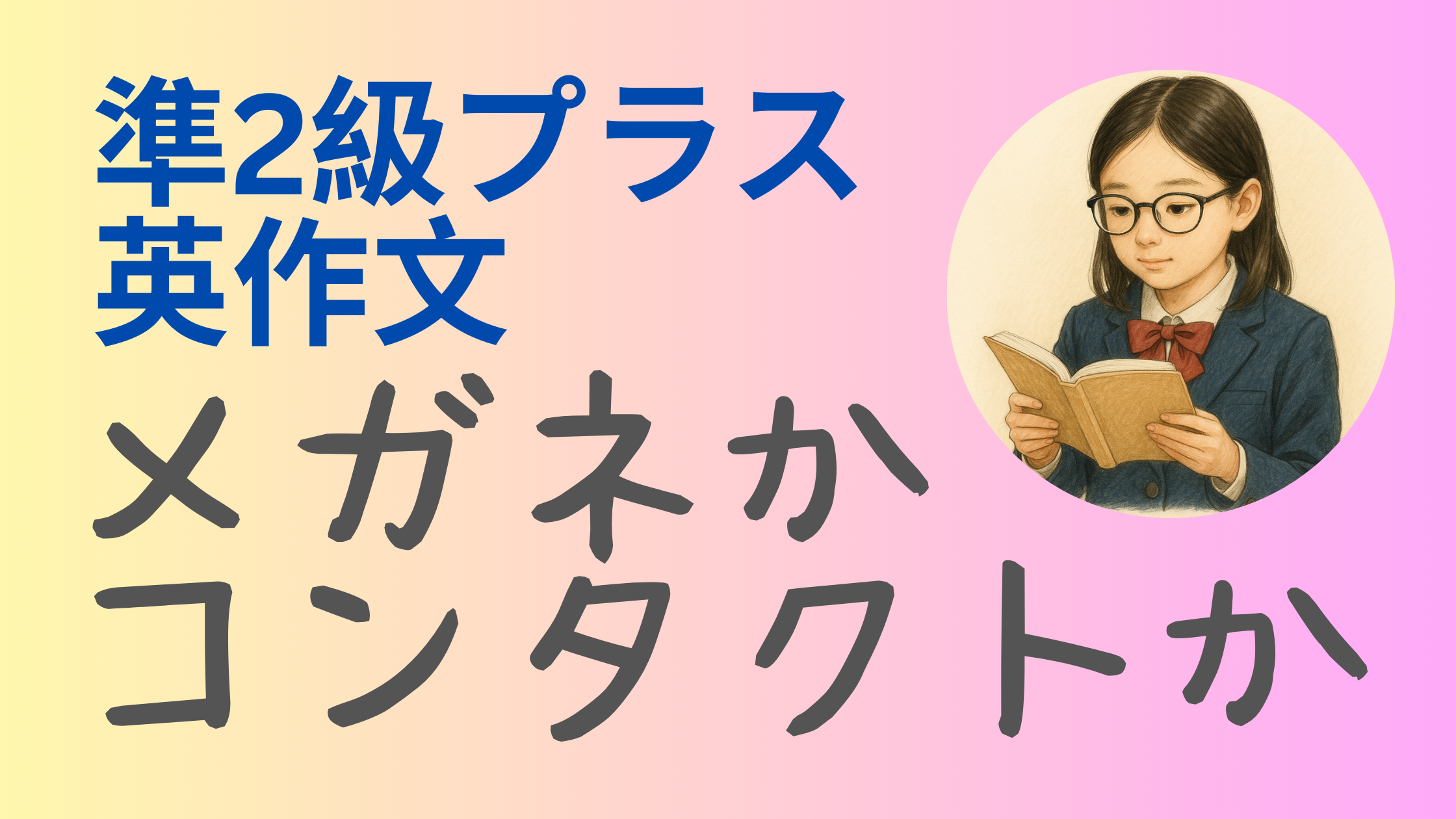英検準2級プラスの英作文対策を紹介する画像。左側に「準2級プラス 英作文 メガネかコンタクトか」という大きな文字、右側にはメガネをかけて本を読んでいる中学生の女子のイラストが円形で配置されている。背景はグラデーションのパステルカラー。