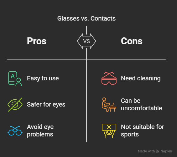 A visual chart comparing pros and cons of glasses versus contact lenses. Pros include "Easy to use," "Safer for eyes," and "Avoid eye problems." Cons include "Need cleaning," "Can be uncomfortable," and "Not suitable for sports."
