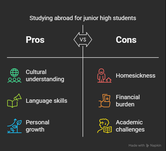 Studying abroad for junior high students のテーマにおいて、「Cultural understanding」「Language skills」「Personal growth」などのメリット(Pros)と、「Homesickness」「Financial burden」「Academic challenges」などのデメリット(Cons)を比較した図解。
