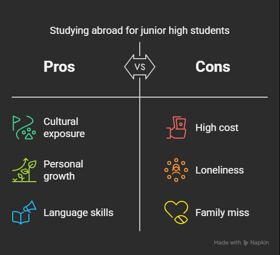 “Studying abroad for junior high students” をテーマに、「Cultural exposure」「Personal growth」「Language skills」といった長所(Pros)と、「High cost」「Loneliness」「Family miss」などの短所(Cons)を左右に分けて比較した図解。黒背景にアイコンとカラフルなテキストで視覚的に整理されている。
