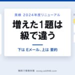 英検2024年度リニューアルで何が変わったか。中央に「英検 2024年度リニューアル 増えた1題は級で違う 下は Eメール、上は 要約」。左は2023年度まで、ライティングは1題で、どの級も意見を書くだけだった。右は2024年度から、＋1題として、3級・準2級はEメール返信15〜25語と40〜50語、2級・準1級・1級は英文要約45〜55語・60〜70語・90〜110語。1級だけ第2回から。