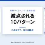 英検ライティングの減点を2種類に分けた図。左に0点と指示文に書かれている3つ（設問に答えているか、相手のメールに答えているか、要約になっているか）、右に観点ごとに採点されるもの（内容・構成・語彙・文法）を並べ、残り7つのパターンは右側で削られることを示している。