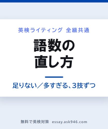 英検ライティングの語数の直し方を表した図。左は語数が足りないときに増やす3つの技（理由を2つに割る・抽象を具体にする・原因と結果でつなぐ）、右は語数が多すぎるときに削る3つの技（同じ内容の言い換えをやめる・具体例は1つだけ残す・説明を足す語を削る）を並べている。